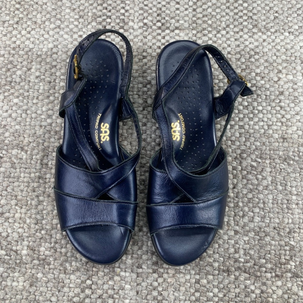 SAS Wedge Sandals Womens 7.5M Navy Blue Leather Slingback Comfort D5 219116